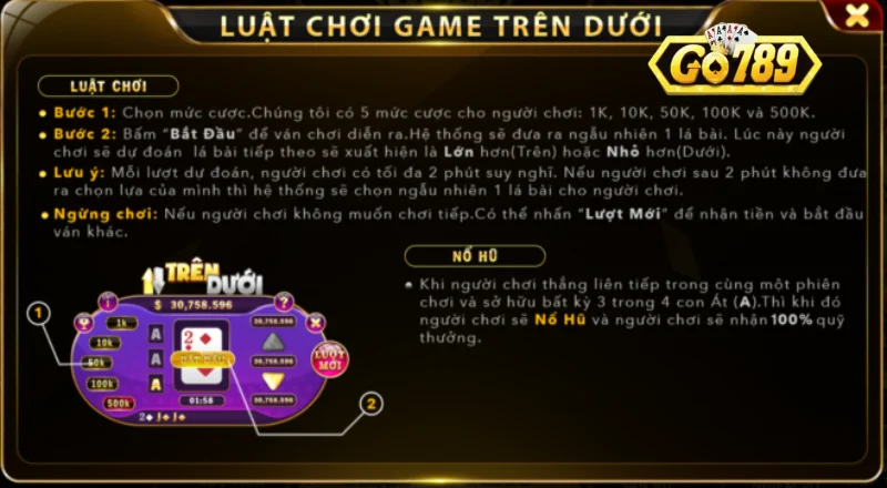 Luật chơi cơ bản game mini Trên dưới Go789